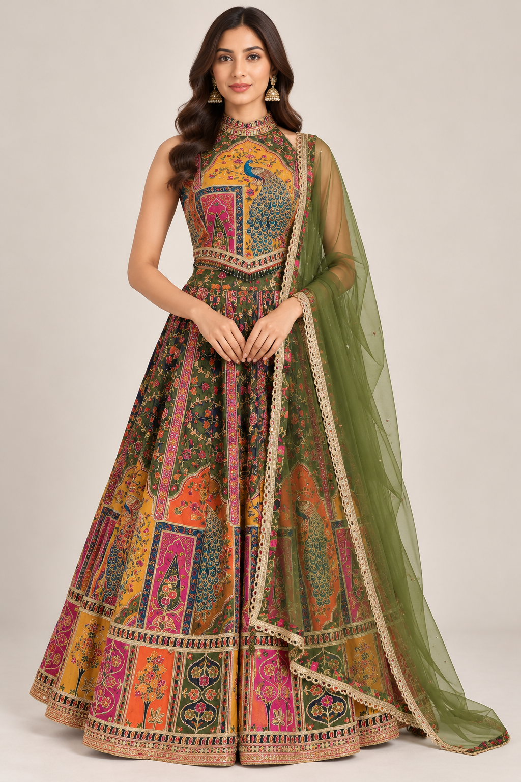 Multicolour Peacock Motif Lehenga Choli with Olive Green Dupatta